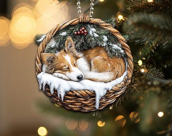 2D plat ruw collie ornament, ruw collie slapend hondornament, hond auto hangend ornament, kerstcadeaus, hondenliefhebber geschenken