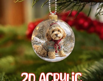 【未使用品】ナタリーレテ 犬 オーナメント ハンドペイント 硝子 クリスマス スノードームに座る2Dフラットコッカープー犬オーナメント、コッカー