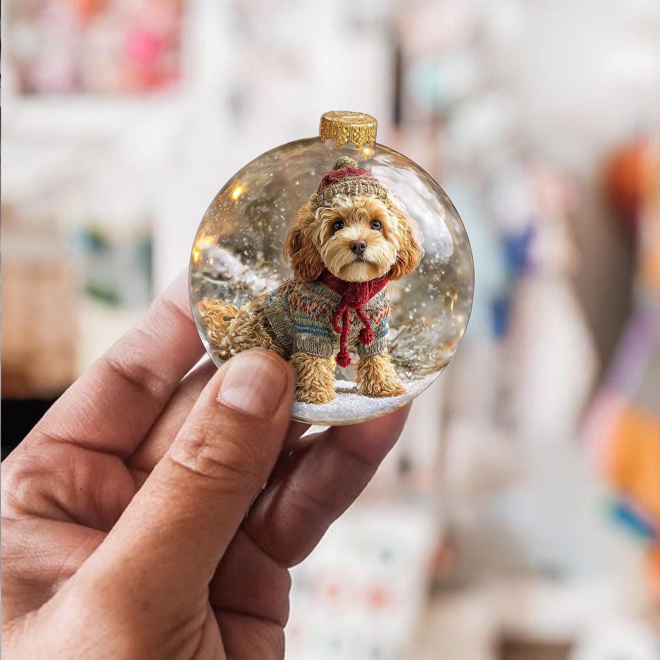 【未使用品】ナタリーレテ 犬 オーナメント ハンドペイント 硝子 クリスマス スノードームに座る2Dフラットコッカープー犬オーナメント、コッカー