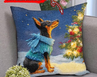 NOT Embroidered – 2D Flat Polyester Printed Miniature Pinscher Dog Looking Xmas Tree Pillow, Cozy Pinscher Dog Pillow, Xmas Gifts, Dog Gifts