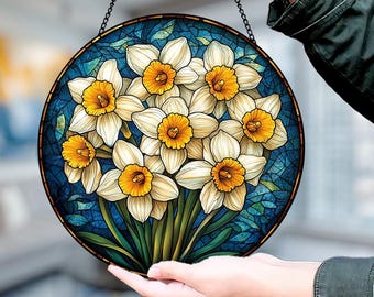 スイセンの花束のステンドグラスサンキャッチャー、スイセンの窓飾り