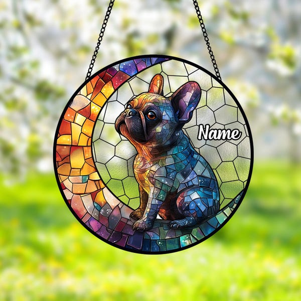 Personalized French Bulldog Glass Suncatcher, Dog Sitting On The Moon Suncatcher Window Hanging, Memorial Dog Gifts, Dog Lover Gifts
