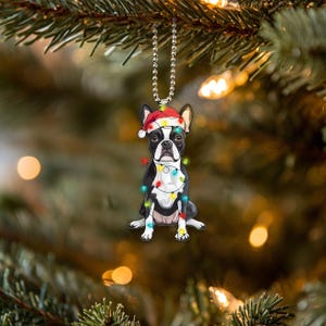 2D Flat Boston Terrier Ornament, Dog with Santa Hats and Christmas Lights, Car Hanging Ornament, Christmas Gift, Dog Lover Gifts