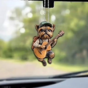 Grappig Brussels Griffon-ornament, griffioenhond speelt gitaar, 2D plat hangend ornament, kerstcadeaus, cadeau hondenliefhebber, cadeaus gitaarliefhebber