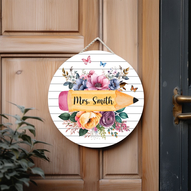 Custom Teacher Door Hanger With Flowers, Teacher Name Sign for ...