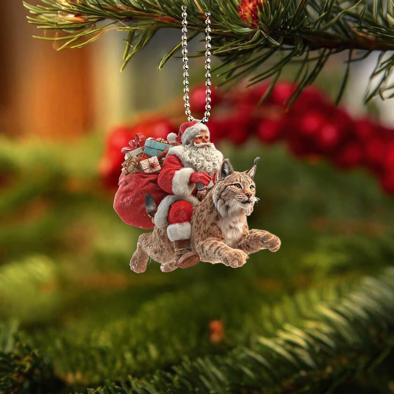 2D Santa Riding Bobcat Ornament, 2D Flat Bobcat Ornament, Bobcat ...