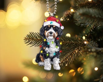 2D platt Bernedoodle-prydnad, hund med tomtehattar och julbelysning, bilhängande prydnad, julklapp, Bernedoodle-presenter till hundälskare
