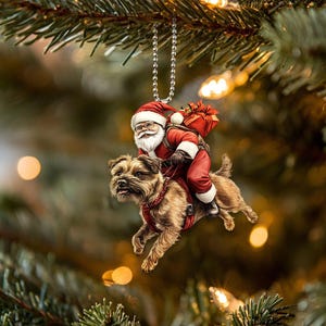 Rolig Border Terrier-prydnad, Hund med jultomten, Jultomten och hund, Border Terrier-hund-bilhängande prydnad, Julklappar, Presenter till hundälskare