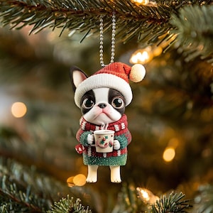Funny Boston Terrier Ornament, Boston Terrier Dog Drinking Coffee Ornament, Cute Dog 2D Flat Ornament, Christmas Gifts, Dog Lover Gifts