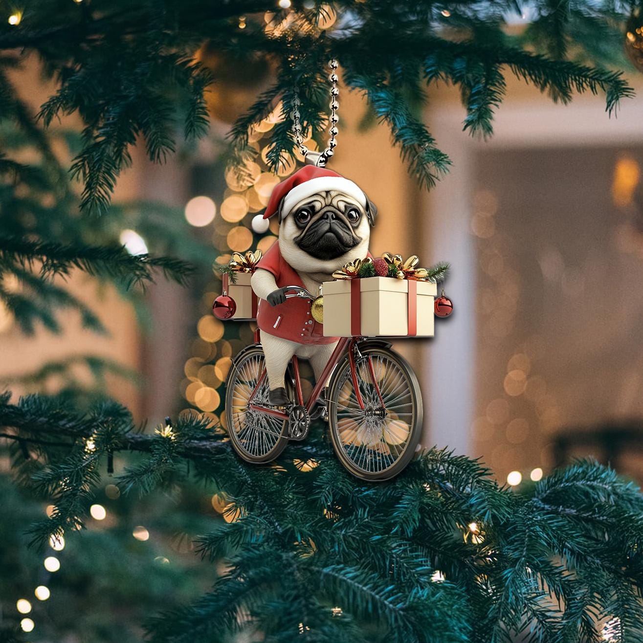 2Dフラットパグオーナメント、自転車に乗るパグ犬、パグ犬の車吊り下げ