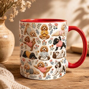 Taza de cerámica con diseño de perro Cockapoo meditando, regalo para amantes de los perros, taza de café con efecto 3D en relieve, taza de café con diseño de perro Cockapoo practicando yoga.