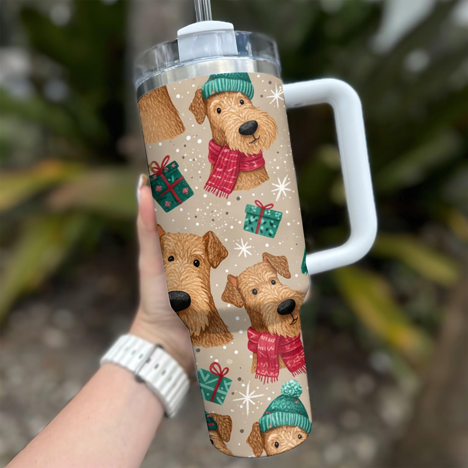Discover 40oz Stainless Steel Tumbler with Handle - Funny Airedale Terrier Christmas Dog Cup, Coffee Lover Gift