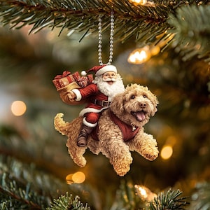 Puede incluir: Un adorno navideño con un Papá Noel montando un perro golden doodle. Papá Noel lleva un traje rojo con ribetes blancos y una barba blanca. Lleva una bolsa de regalos. El perro lleva un collar rojo y blanco.