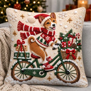 May include: A square throw pillow with a textured, embroidered design of a brown and white dog wearing a red and white winter hat, scarf, and boots. The dog is riding a green bicycle carrying wrapped gifts in a basket and on a rear rack.