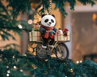 【sold 】パンダ ミニカー　オーナメント　クリスマスツリー 2D フラット おもしろパンダオーナメント、自転車に乗ったパンダ、車