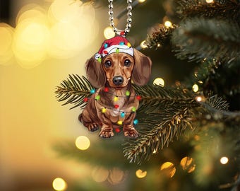 Funny Dachshund Ornament, Dachshund Dog with Santa Hats and Lights, Dachshund Dog Car Hanging Ornament, Christmas Gifts, Dog Lover Gifts