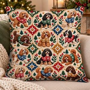 Op de afbeelding: Een vierkant sierkussen met een herhalend patroon van honden die kleurrijke gebreide truien met sneeuwvlokmotieven dragen. De honden bevinden zich in geschulpte cirkelvormige kaders, versierd met kleine groene dennenbomen en rode bessen.