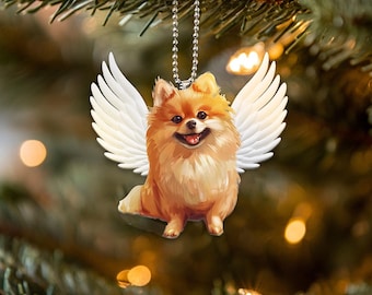 2D plat Pommeren ornament, engel hond ornament, hond herdenkingsornament, hond met engelenvleugels ornament, hond herdenkingsornament