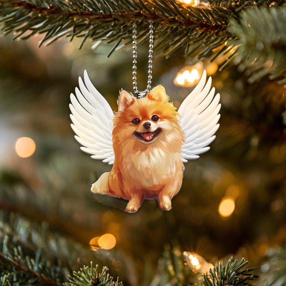 2Dフラットポメラニアンオーナメント、天使の犬オーナメント、犬