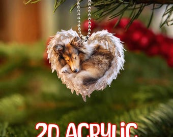 2D PLATTE Rough Collie slapen met ornament engelenvleugels, Rough Collie Dog 2D Flat Ornament, kerstcadeaus, Rough Collie Dog Gifts