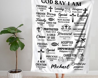 Dios dice "Yo soy", manta cristiana, manta bohemia, regalo cristiano, nombre personalizado, manta personalizada, manta con cita inspiradora para Navidad