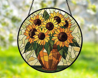 Sunflower Vase Stained Glass Suncatcher, Suncatcher Window Decor Sunflower Glass Window Wall Gifts, Sunflower Glass Gift for Grandma Mom