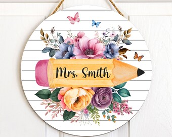 Custom Teacher Door Hanger With Flowers, Teacher Name Sign For Classroom, Teacher Door Decor, Back To School Gift, Teacher Appreciation Gift