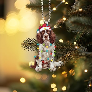 Puede incluir: Un adorno navideño con un perro Springer Spaniel marrón y blanco que lleva un gorro de Papá Noel rojo y está rodeado de luces navideñas de colores.
