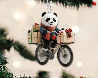 2D Flat Funny Panda Ornament, Panda Riding a Bicycle, Car Hanging Ornament, Christmas Gifts, Panda Lover Gifts, Panda Decor