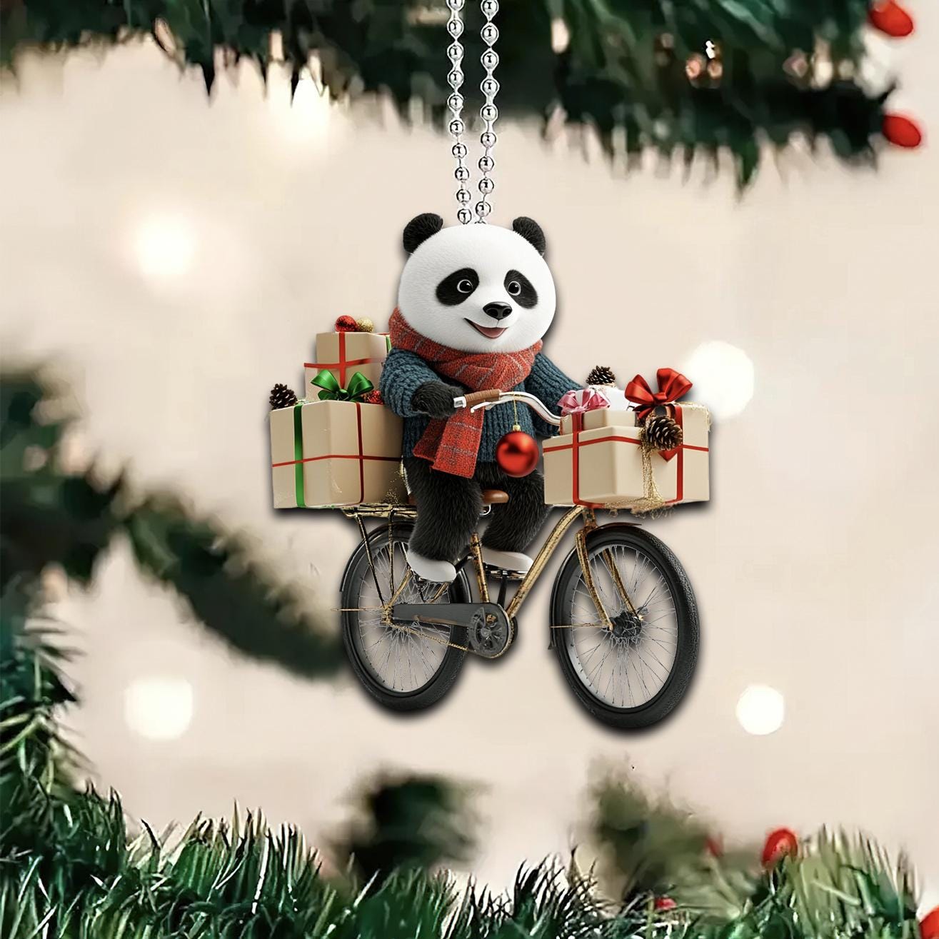2D フラット おもしろパンダオーナメント、自転車に乗ったパンダ、車
