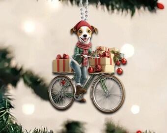 おもしろジャックラッセルテリアのオーナメント、自転車に乗る犬、犬の2Dフラットオーナメント、クリスマスプレゼント、ジャックラッセルテリア犬好きへのギフト