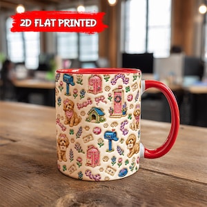 May include: A ceramic mug with a red interior and handle, featuring a cream-coloured exterior with a repeating pattern of goldendoodle dogs, pink mailboxes, blue mailboxes, dog houses, flowers, and envelopes. The text 2D FLAT PRINTED appears.
