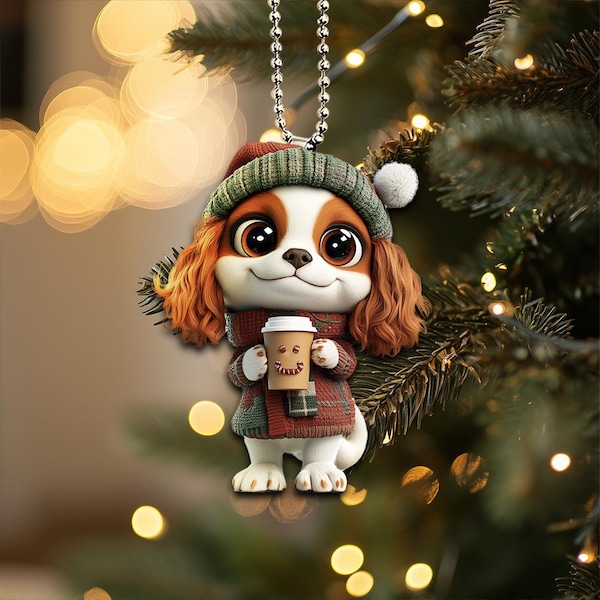 2D Flat Funny Cavalier King Charles Spaniel Ornament, Dog Drinking Coffee Ornament, Car Hanging Ornament, Christmas Gifts, Dog Lover Gift