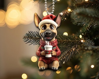 Funny Belgian Malinois Ornament, Malinois Dog, Dog Drinking Coffee Ornament, Dog 2D Flat Ornament, Christmas Gifts, Dog Lover Gifts