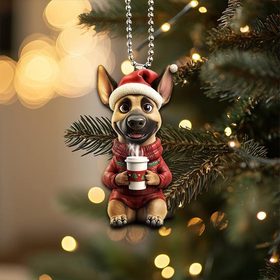 Funny Belgian Malinois Ornament, Malinois Dog, Dog Drinking Coffee