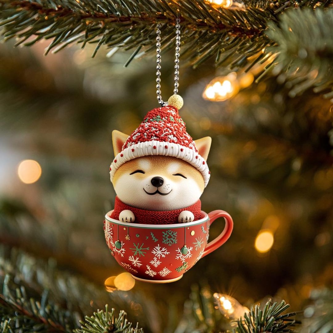 Figurine en bois - Chiot Shiba inu avec chapeau de fête