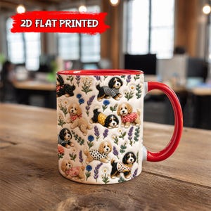 May include: A white ceramic mug with a red interior and handle, featuring a repeating pattern of small dogs in various outfits interspersed with colorful flowers. The text 2D FLAT PRINTED appears in white on a red background above the mug.