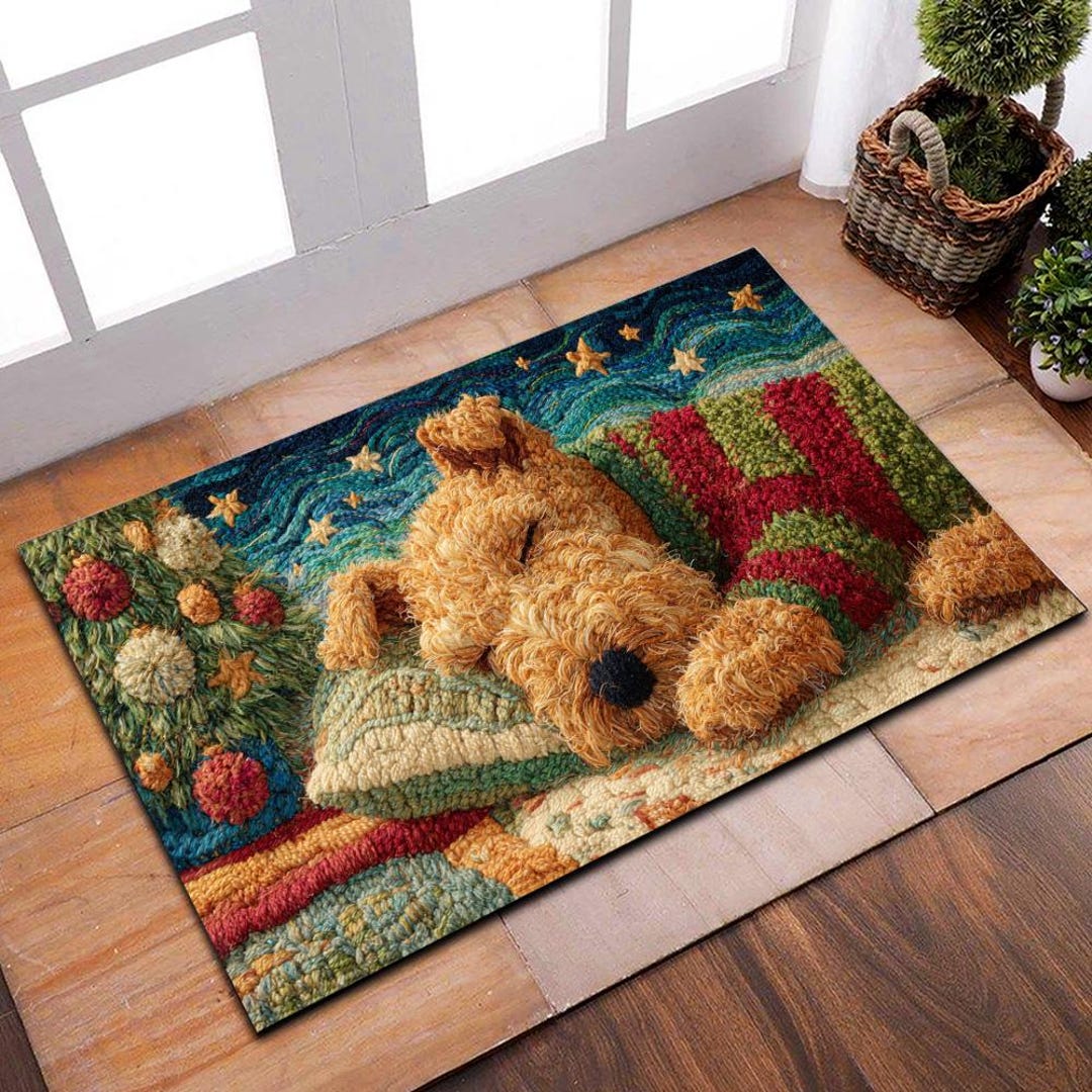 Welsh Mat Welsh Terrier Dog Sleeping Beside Christmas Tree Mat (2D FLAT PRINTED ...