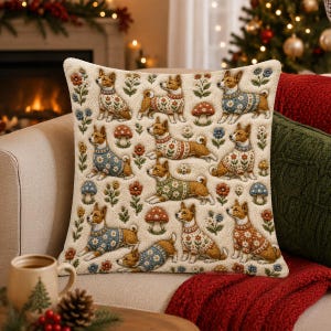 May include: A square throw pillow featuring a cream-colored background with a repeating pattern of brown and white dogs wearing colorful patterned sweaters, interspersed with small red and blue mushrooms and various floral motifs.