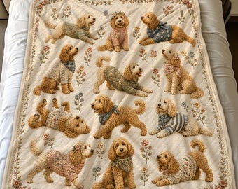 2D FLAT PRINTED - Goldendoodle Blanket, Goldendoodle Throw Blanket, Vintage Dog Mom Gift, Cozy Fleece Christmas Quilt