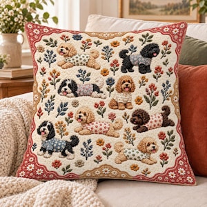 Puede incluir: Un cojín cuadrado con base de color crema que presenta un patrón repetitivo de varios perros pequeños con camisas estampadas, intercalados con motivos florales y de hojas de colores, enmarcado por un borde decorativo de margaritas rojas y blancas.