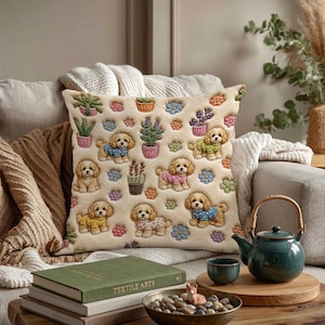 Cavapoo Pillow (2D FLAT PRINTED), Dog And Plant Cushion, Flat Printed Faux Embroidery Cottagecore Decor, Dog Lovers Gift, Plant Mom