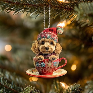Funny Cockapoo Ornament, Cockapoo Dog In A Cup Ornament, Cockapoo Dog 2D Flat Ornament, Christmas Gifts, Cockapoo Dog Lover Gifts