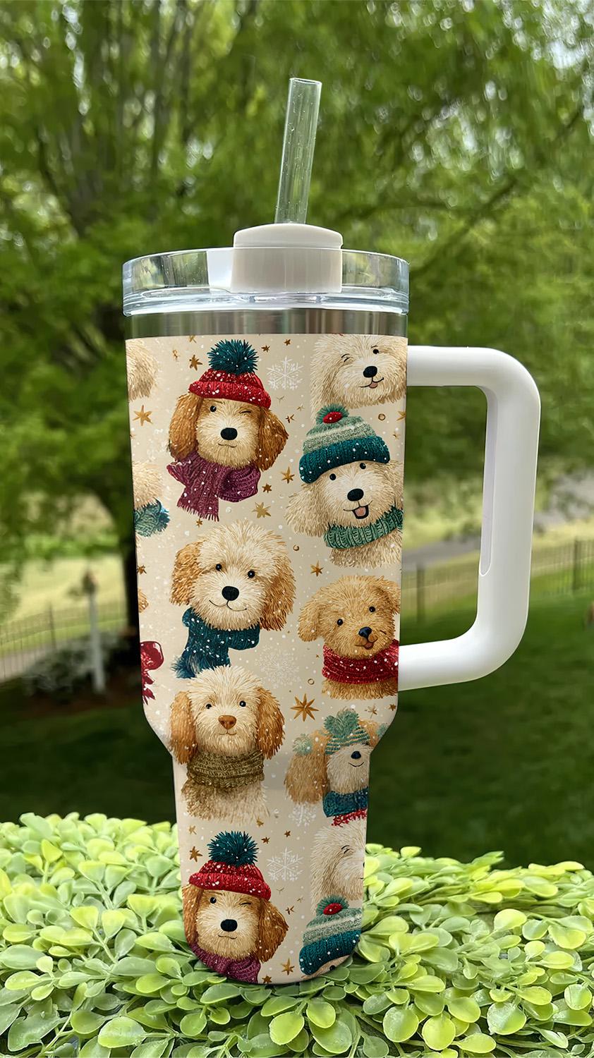 Discover 40oz Stainless Steel Tumbler with Handle - Goldendoodle Xmas Theme, Dog Lover Coffee Cup