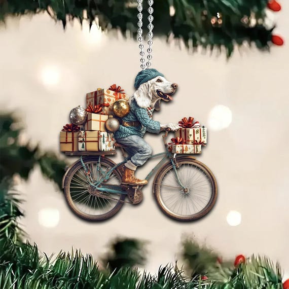 Funny English Setter Ornament, English Setter Dog Riding a Bicycle