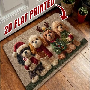 May include: A rectangular doormat with a 2D flat printed design featuring three fluffy dogs wearing holiday sweaters and accessories. The dogs are depicted in festive attire, including a Santa hat, reindeer antlers, and a green sweater, set against a textured beige background with a dark green border.