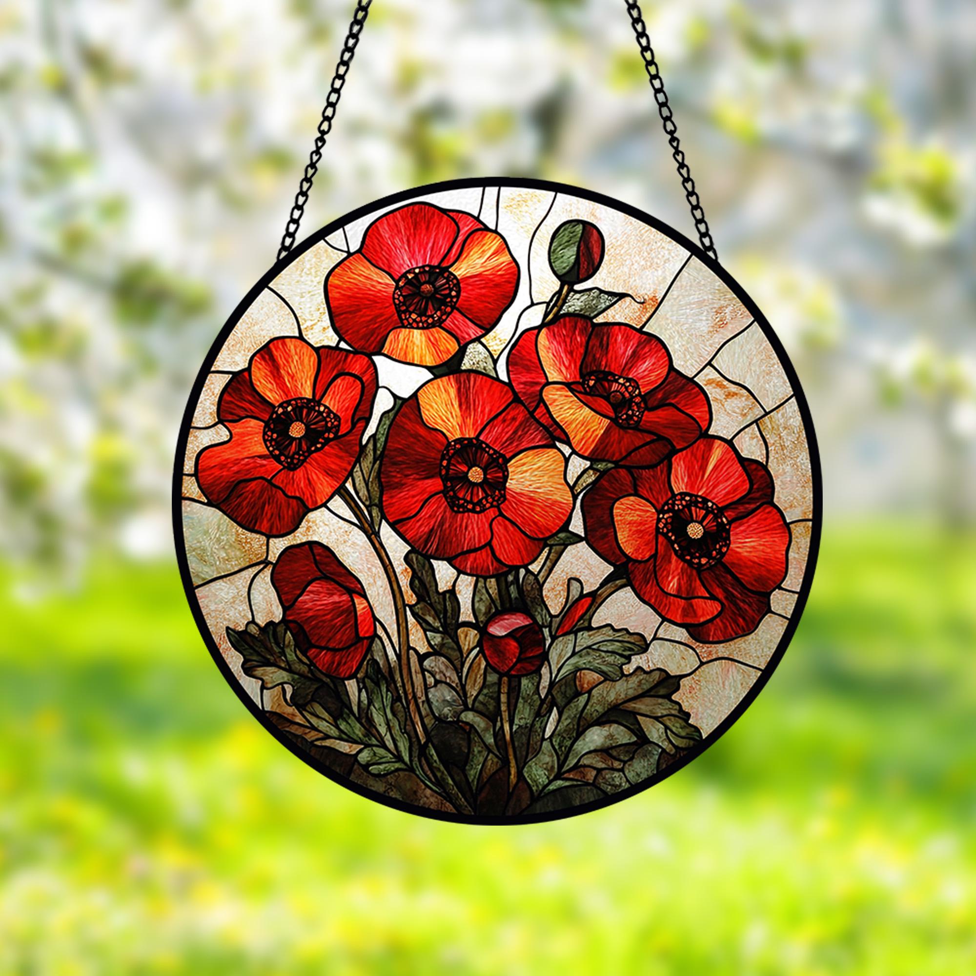 Poppy Flower Stained Glass Suncatcher, Poppy Flower Glass Window