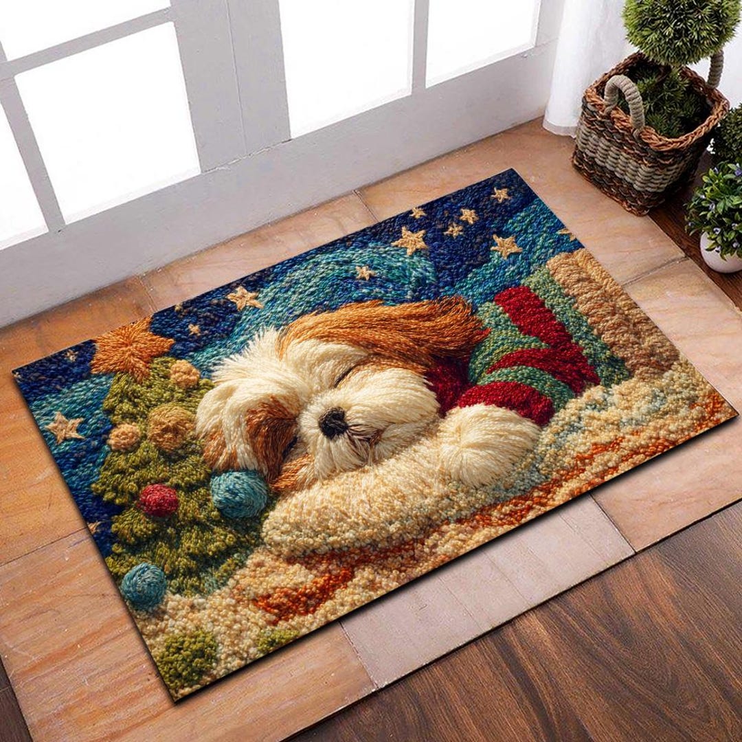 クリスマスツリーの横で眠るシーズー犬用マット（2Dフラットプリント