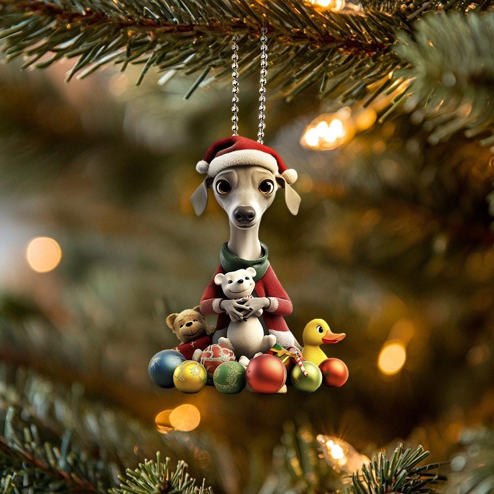 グレイハウンド　クリスマスオーナメント　　置物　グレーハウンド　陶器 Italian Greyhound Ornament, Dog Ornament, Greyhound Dog 2D Flat