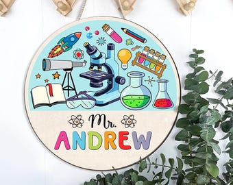 Personalisiertes Science Lab Wood Art Türschild für Wissenschaftslehrer, Laborlehrer Name Holzschild, Back To School Decor, Wissenschaftsgeschenk
